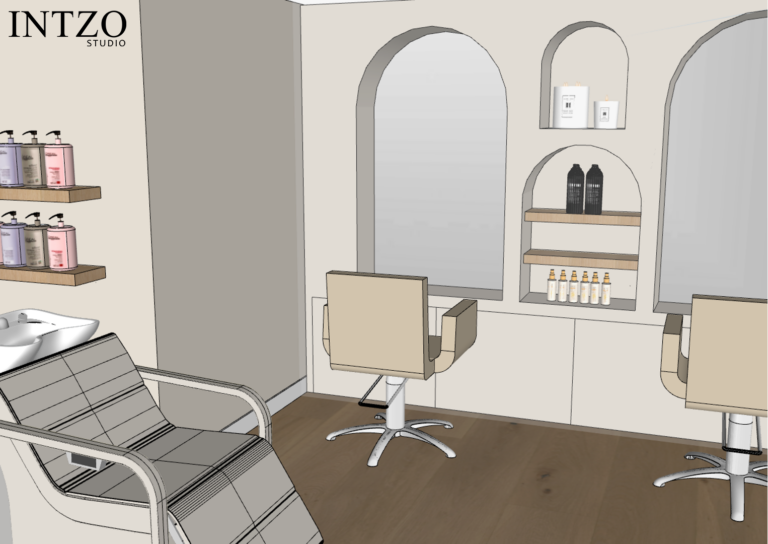 Beige kappers stoelen. Ronde spiegels